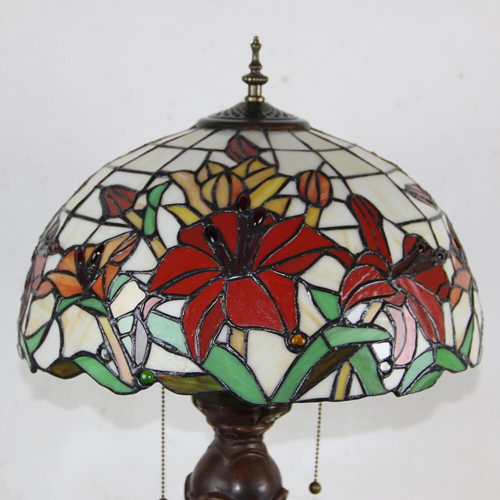 Tiffany European Retro Flowers Stained Glass Pull Cord 1-Light Table Lamp