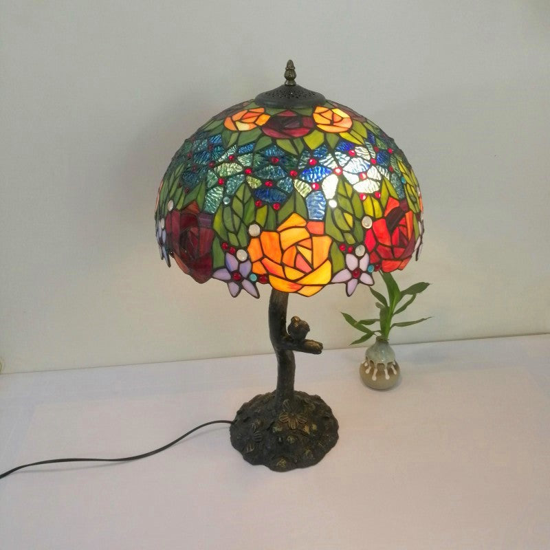 Traditional Tiffany Flower Stained Glass Resin Base 2-Light Table Lamp For Living Room