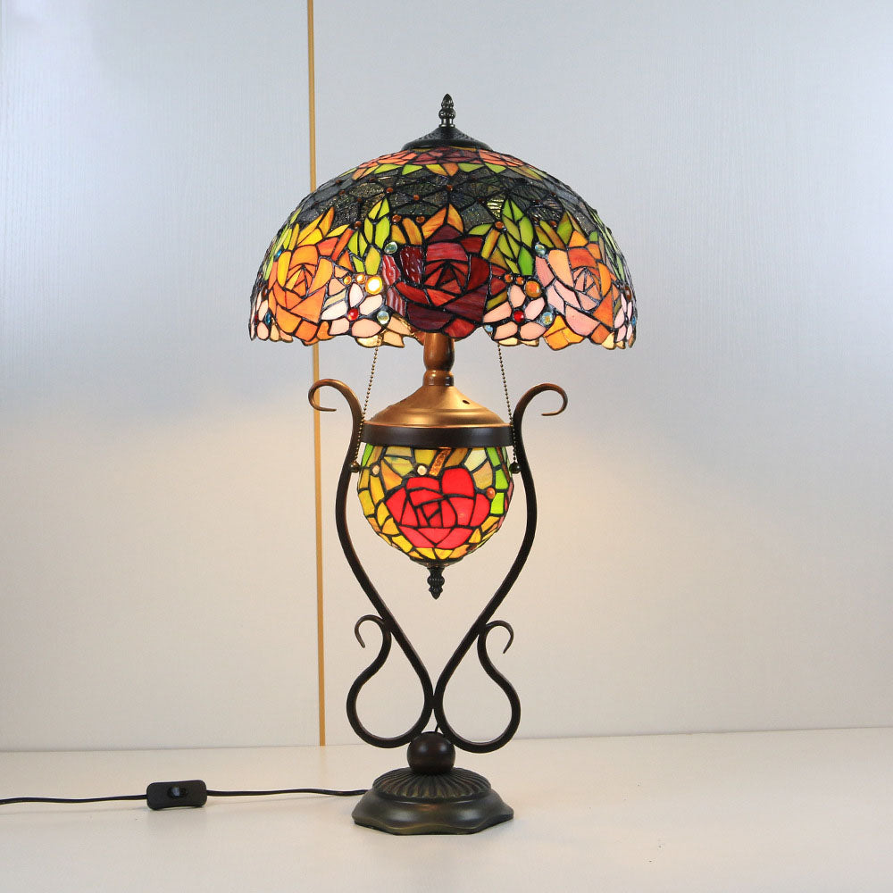 Tiffany European Vintage Floral Stained Glass Round Pot 3-Light Table Lamp