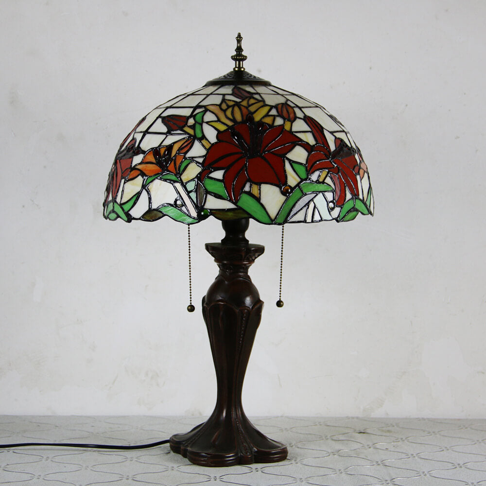 Tiffany European Retro Flowers Stained Glass Pull Cord 1-Light Table Lamp