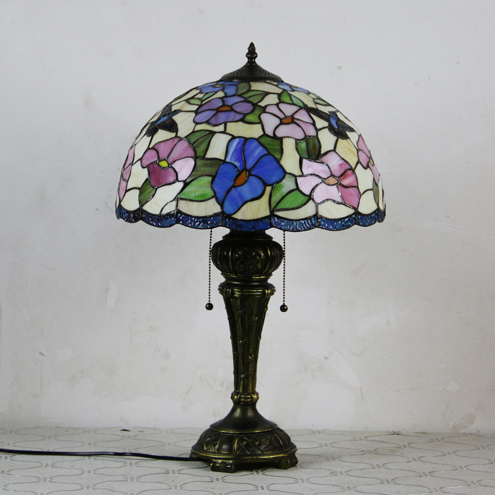 Traditional Tiffany Resin Glass Dome Hemispheric Flower 2-Light Table Lamp For Bedside