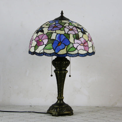 Traditional Tiffany Resin Glass Dome Hemispheric Flower 2-Light Table Lamp For Bedside