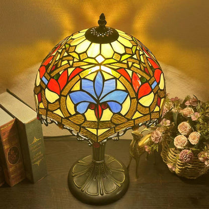 Traditional Tiffany Metal Glass Dome Grape Flower Dragonfly Butterfly 1-Light Table Lamp For Bedside