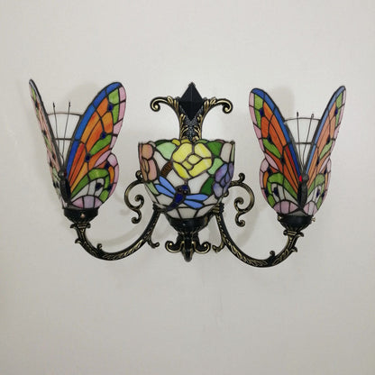 Traditional Tiffany European Butterfly Stained Glass 3-Light Wall Sconce Lamp For Hallway