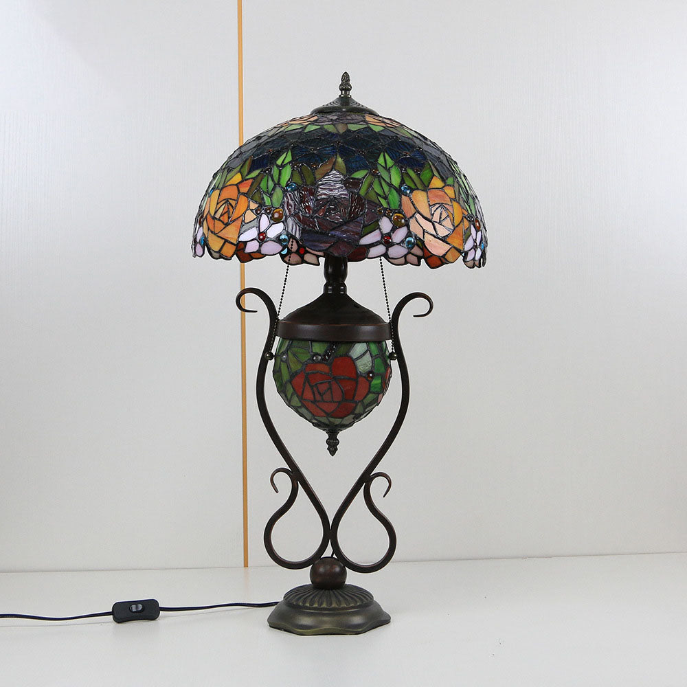 Tiffany European Vintage Floral Stained Glass Round Pot 3-Light Table Lamp