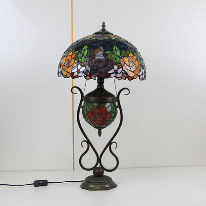 Tiffany European Vintage Floral Stained Glass Round Pot 3-Light Table Lamp