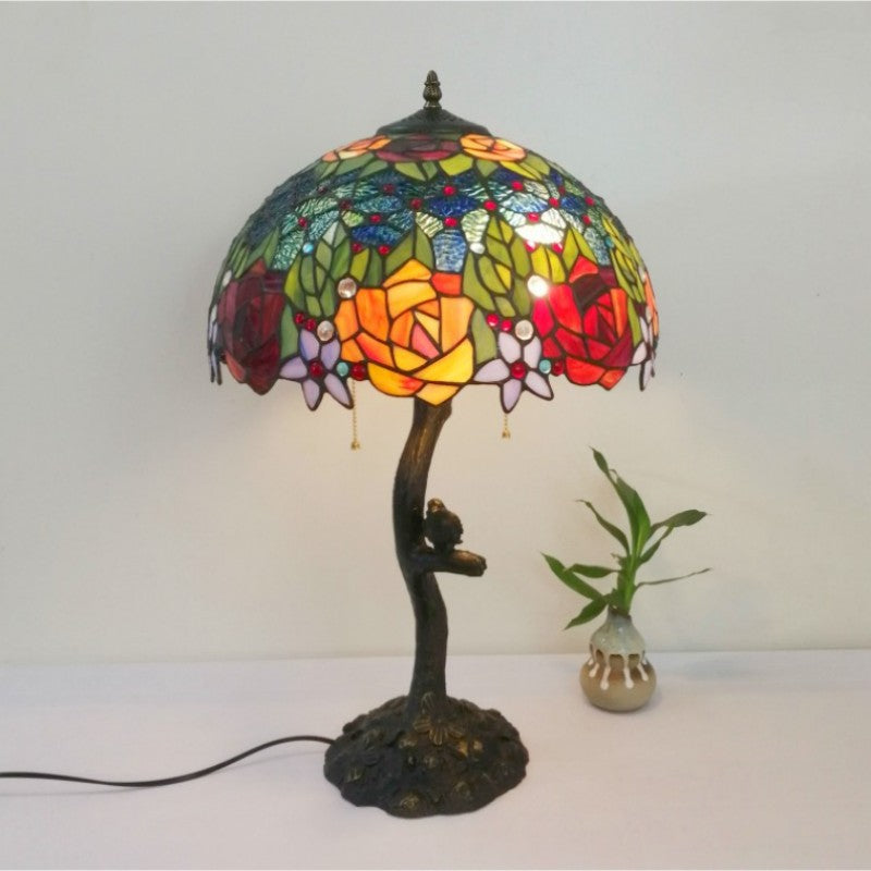 Traditional Tiffany Flower Stained Glass Resin Base 2-Light Table Lamp For Living Room