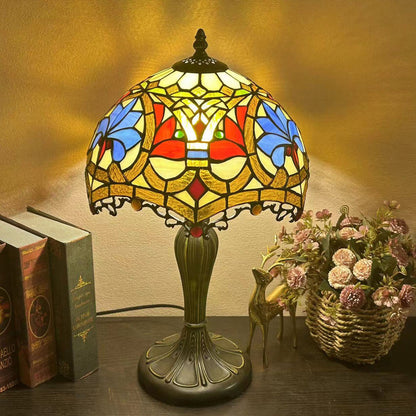 Traditional Tiffany Metal Glass Dome Grape Flower Dragonfly Butterfly 1-Light Table Lamp For Bedside