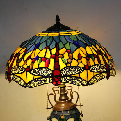 European Tiffany Stained Glass Hexagonal Dome Pull Cord 2-Light Table Lamp