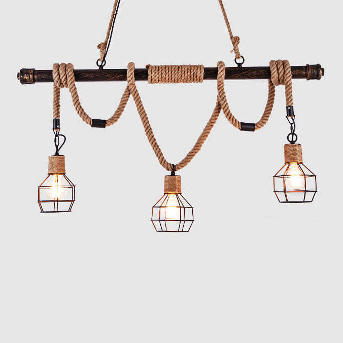 Vintage Hemp Rope 3-Light Cage Shade Chandeliers