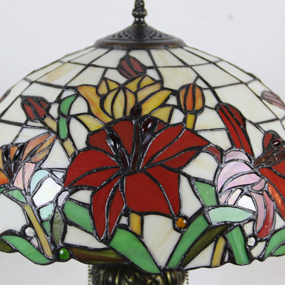 Traditional Tiffany Resin Glass Dome Hemispheric Flower 2-Light Table Lamp For Bedside