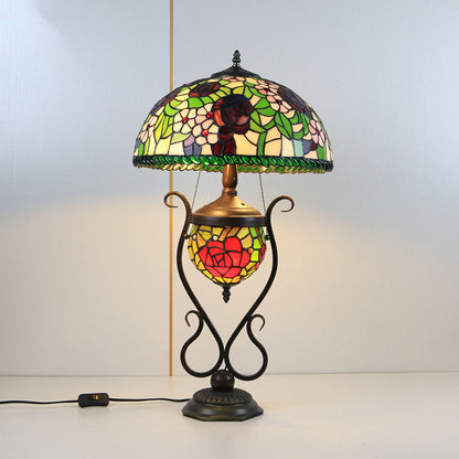 Tiffany European Vintage Floral Stained Glass Round Pot 3-Light Table Lamp