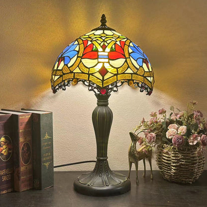 Traditional Tiffany Metal Glass Dome Grape Flower Dragonfly Butterfly 1-Light Table Lamp For Bedside
