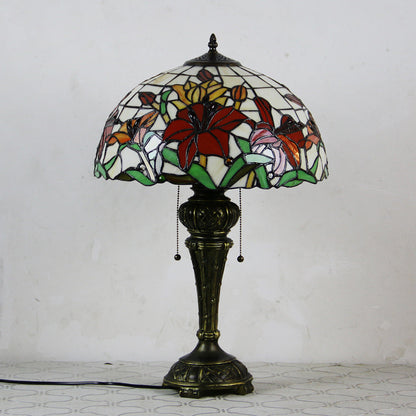 Traditional Tiffany Resin Glass Dome Hemispheric Flower 2-Light Table Lamp For Bedside
