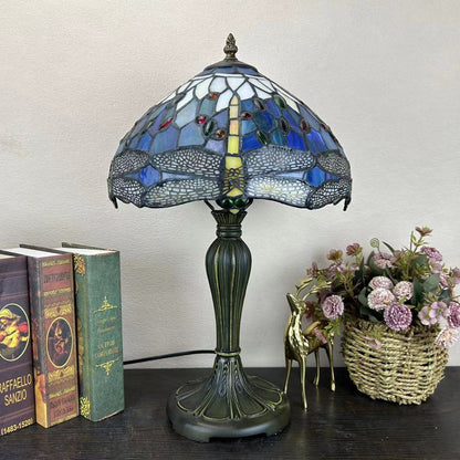 Traditional Tiffany Metal Glass Dome Grape Flower Dragonfly Butterfly 1-Light Table Lamp For Bedside