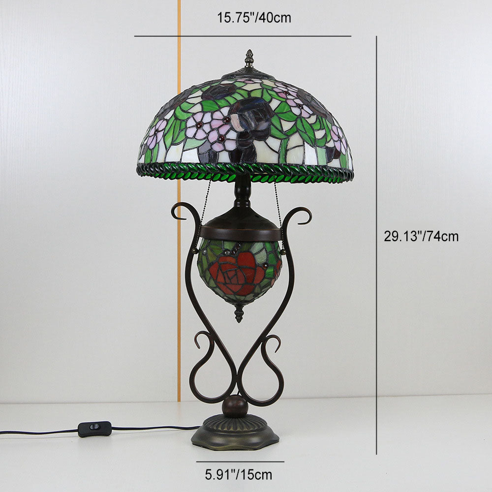 Tiffany European Vintage Floral Stained Glass Round Pot 3-Light Table Lamp
