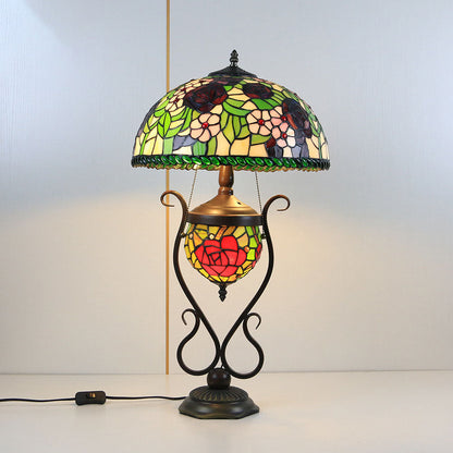 Tiffany European Vintage Floral Stained Glass Round Pot 3-Light Table Lamp