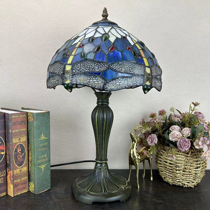 Traditional Tiffany Metal Glass Dome Grape Flower Dragonfly Butterfly 1-Light Table Lamp For Bedside