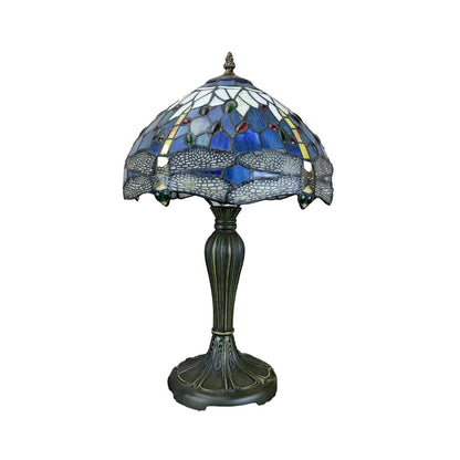 Traditional Tiffany Metal Glass Dome Grape Flower Dragonfly Butterfly 1-Light Table Lamp For Bedside