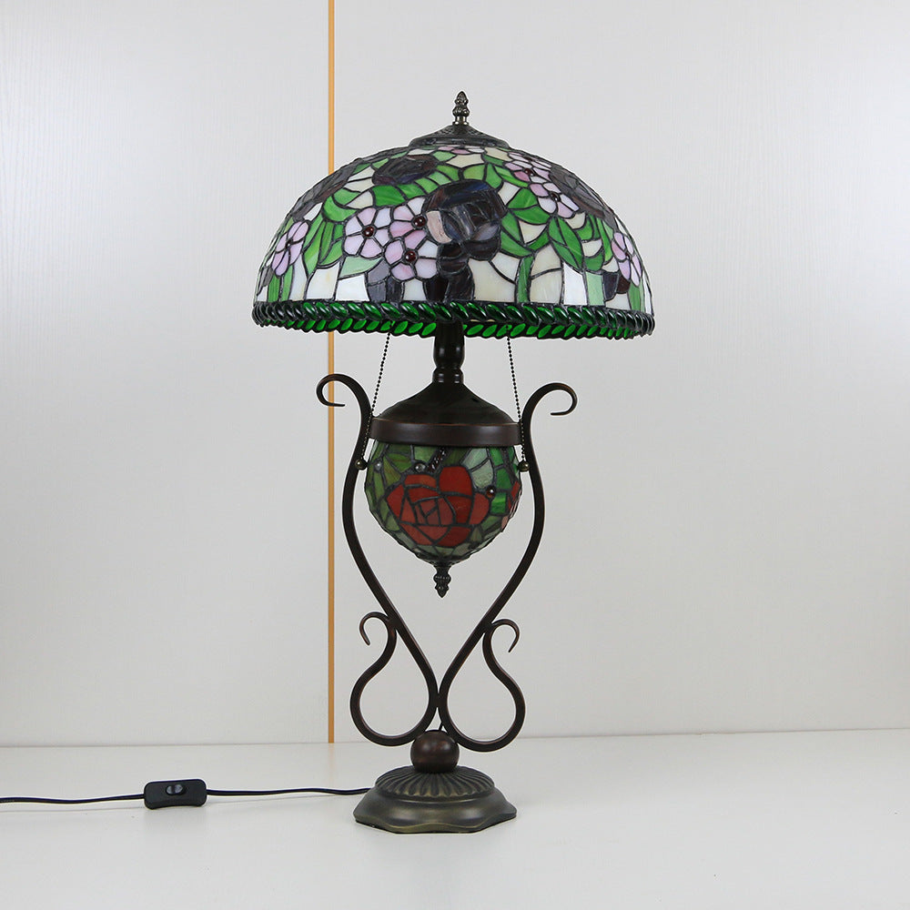 Tiffany European Vintage Floral Stained Glass Round Pot 3-Light Table Lamp