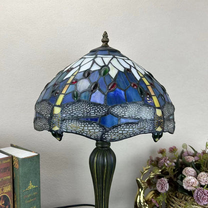 Traditional Tiffany Metal Glass Dome Grape Flower Dragonfly Butterfly 1-Light Table Lamp For Bedside
