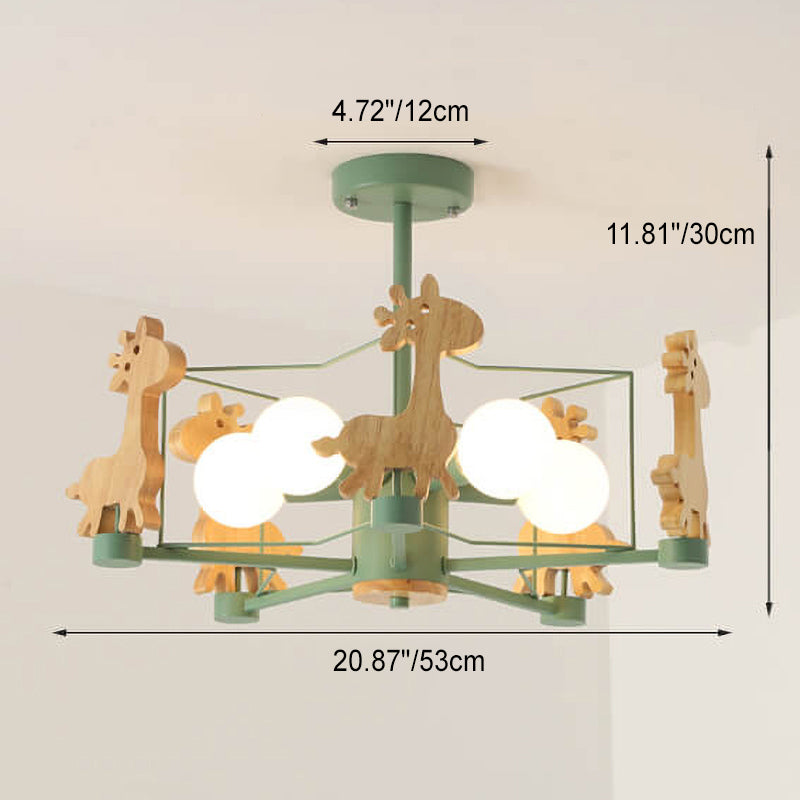Scandinavian Modern Childlike Giraffe Diamond Pentagram Windmill Iron Wood Glass 4/5 Light Semi-Flush Mount Ceiling Light