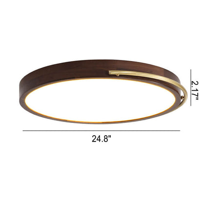 Modern Chinese Walnut Round Copper Ring LED Flush Mount Ceiling Light