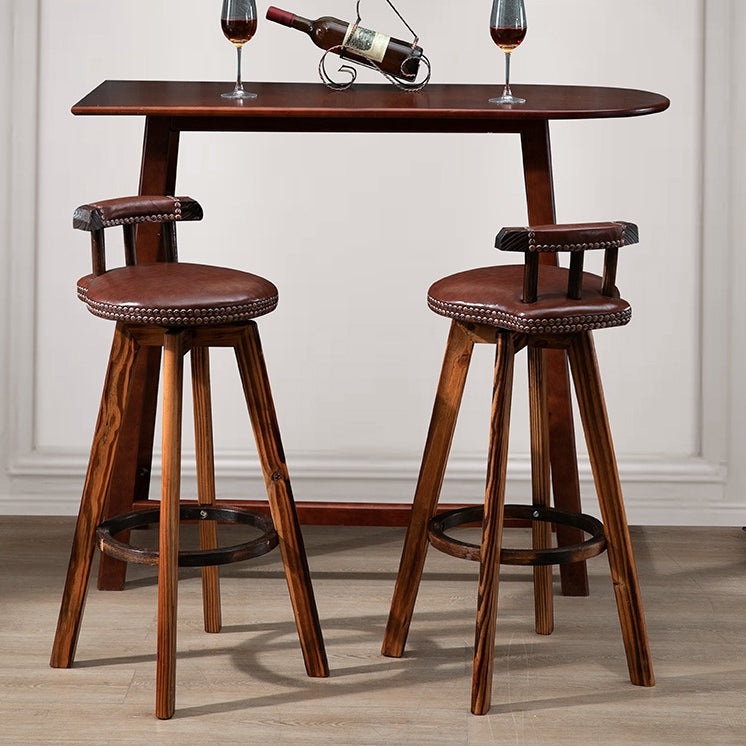 Contemporary Retro Round Faux Leather Wood Legs Swivel Bar Stool Low Back Footrest For Dining Room