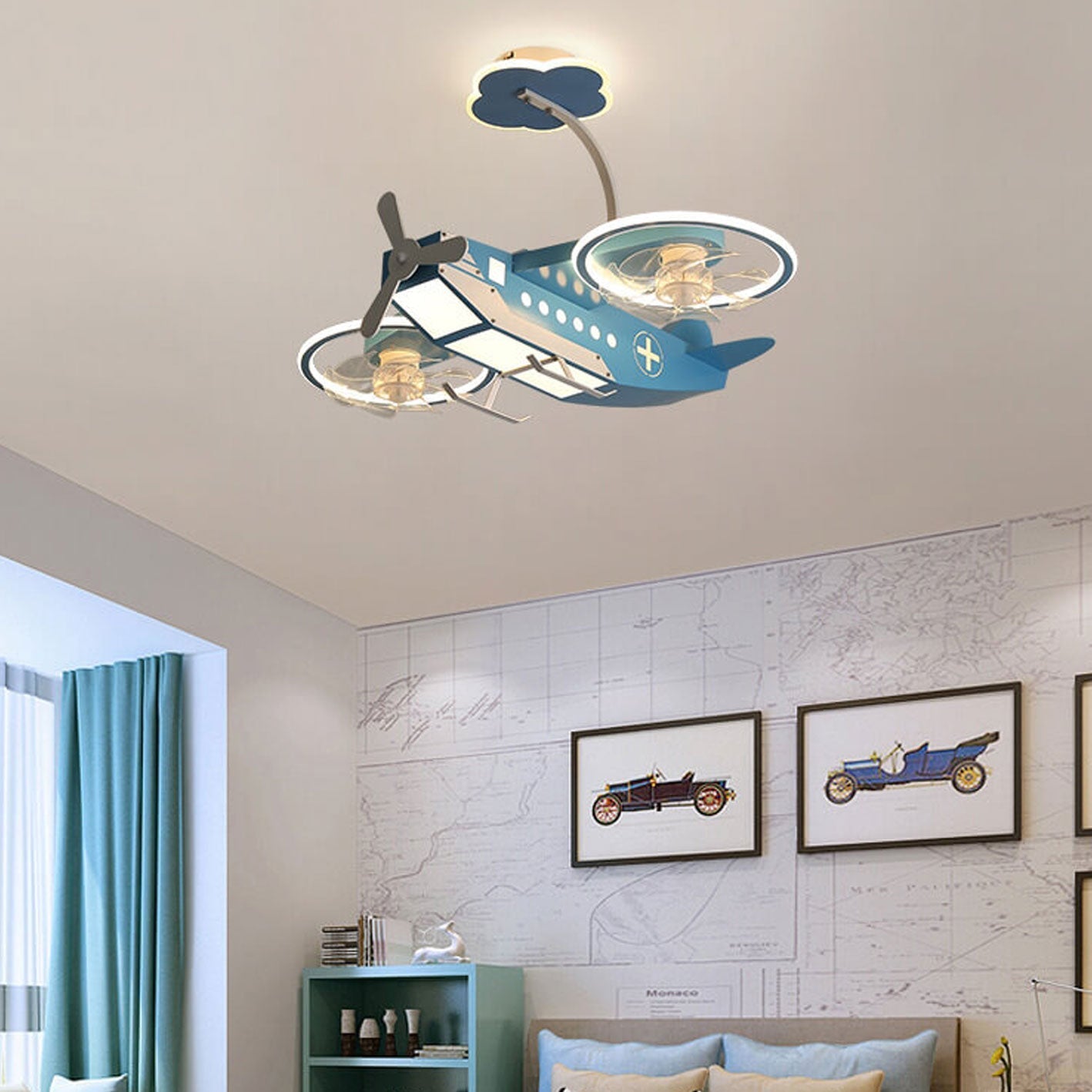 Creative Cartoon Aircraft Kids Flush Mount Ceiling Fan Light
