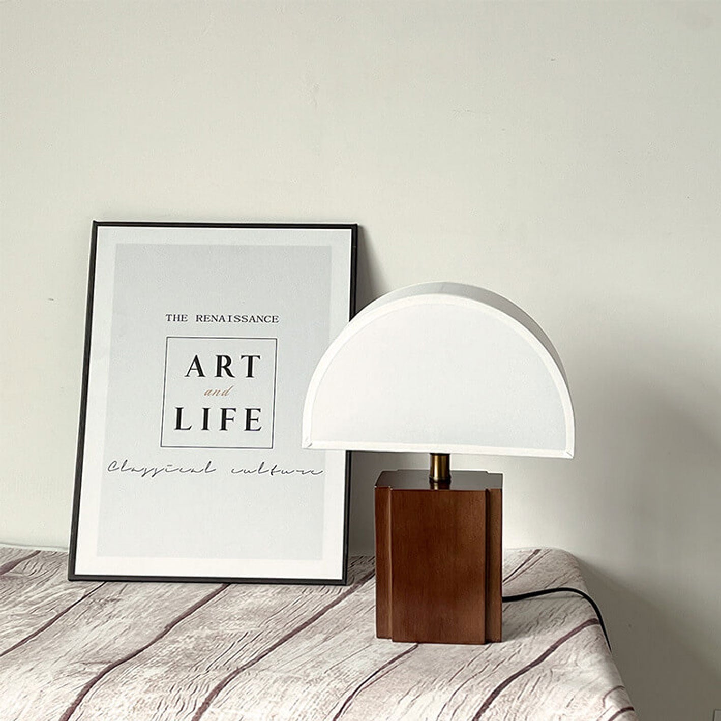 Vintage Semicircle Fabric Wooden Base 1-Light Table Lamp
