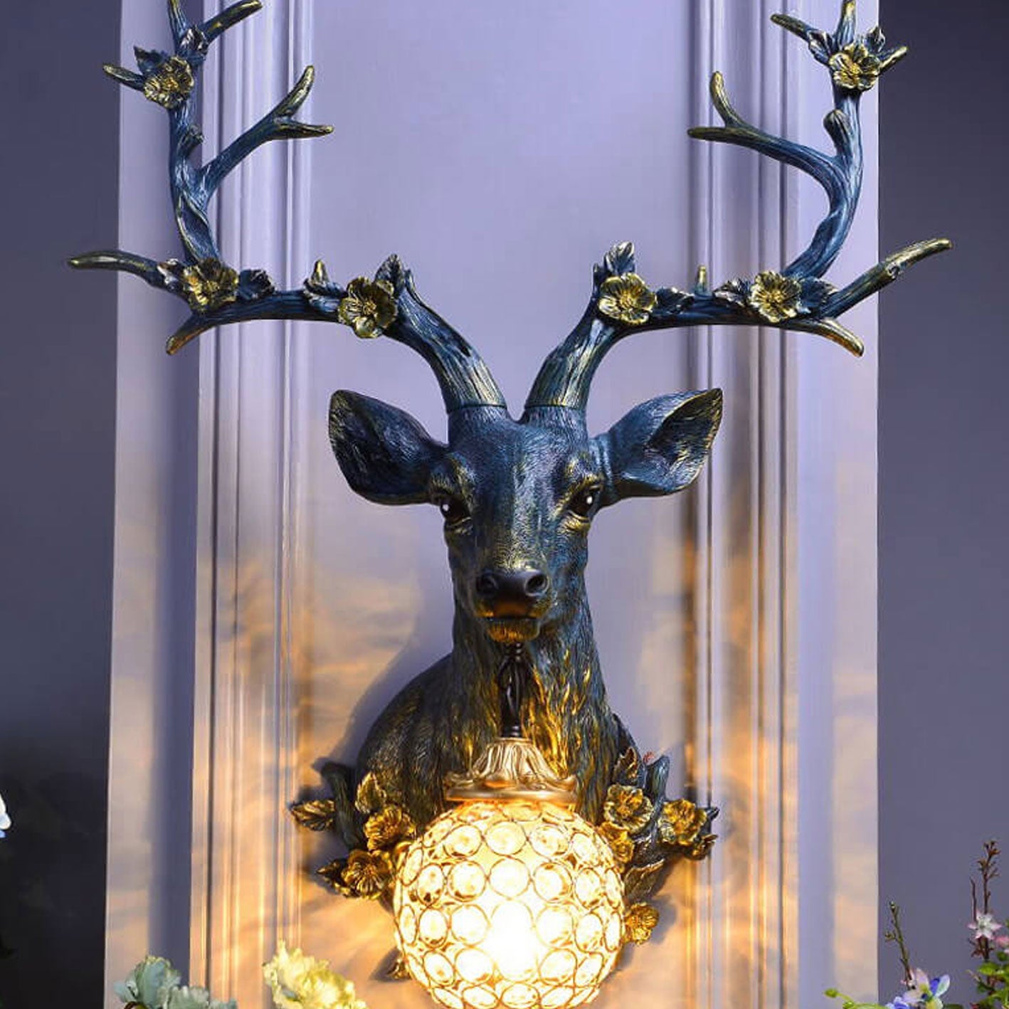 Retro Creative Fortune Deer Head Resin 1-Light Wall Sconce Lamp
