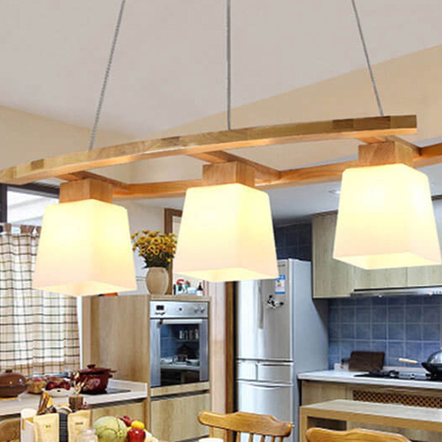 Nordic Minimalist Solid Wood Glass Island Light 3-Light Chandelier