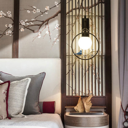 Modern Chinese Round Glass Ball Bird Tree Branch 1-Light Wall Sconce Lamp