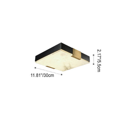 Traditional Chinese Square Marble Shade Brass Frame LED Flush Mount Ceiling Light For Living Room