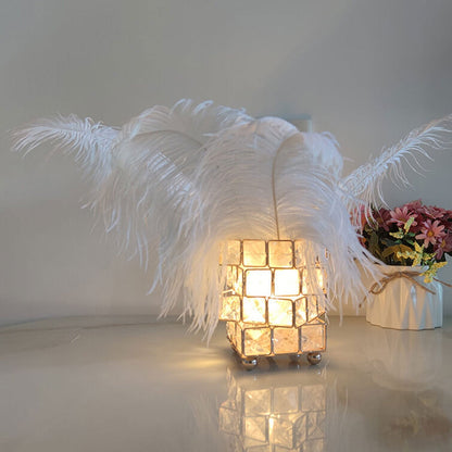 Creative Crystal Cube Ostrich Feather 1-Light Decorative Table Lamp