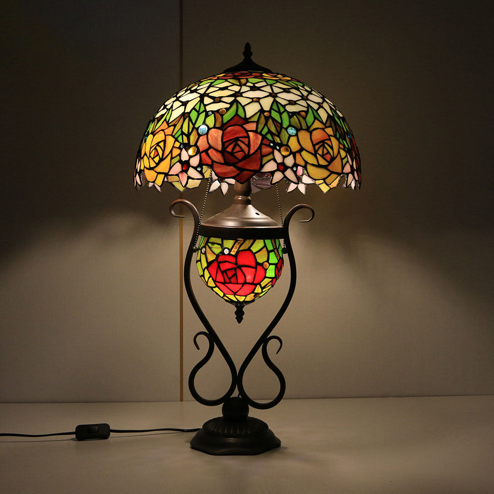 Tiffany European Vintage Floral Stained Glass Round Pot 3-Light Table Lamp