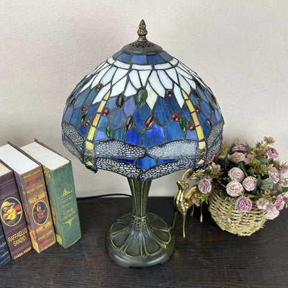 Traditional Tiffany Metal Glass Dome Grape Flower Dragonfly Butterfly 1-Light Table Lamp For Bedside