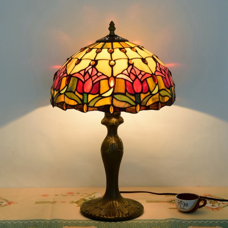 Tiffany Style Red Tulip Stained Glass 1-Light Table Lamp