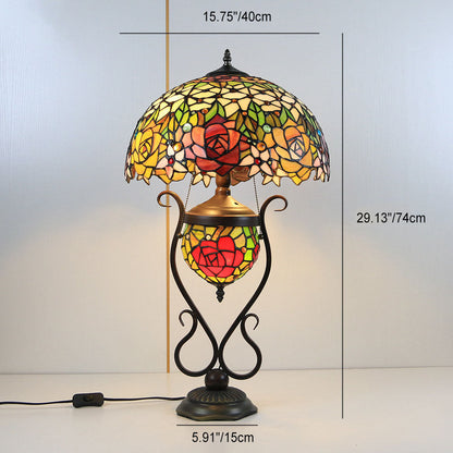 Tiffany European Vintage Floral Stained Glass Round Pot 3-Light Table Lamp