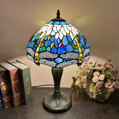 Traditional Tiffany Metal Glass Dome Grape Flower Dragonfly Butterfly 1-Light Table Lamp For Bedside