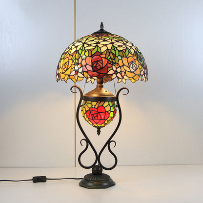 Tiffany European Vintage Floral Stained Glass Round Pot 3-Light Table Lamp