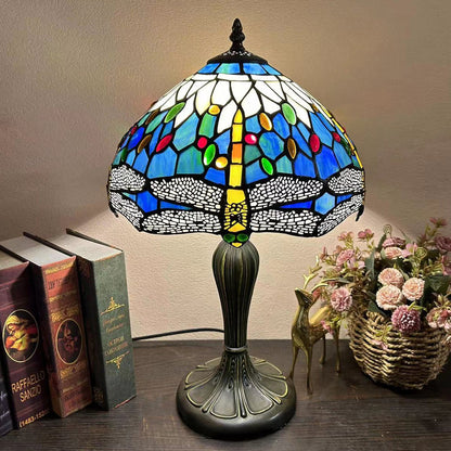Traditional Tiffany Metal Glass Dome Grape Flower Dragonfly Butterfly 1-Light Table Lamp For Bedside