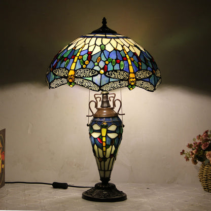 European Tiffany Stained Glass Hexagonal Dome Pull Cord 2-Light Table Lamp