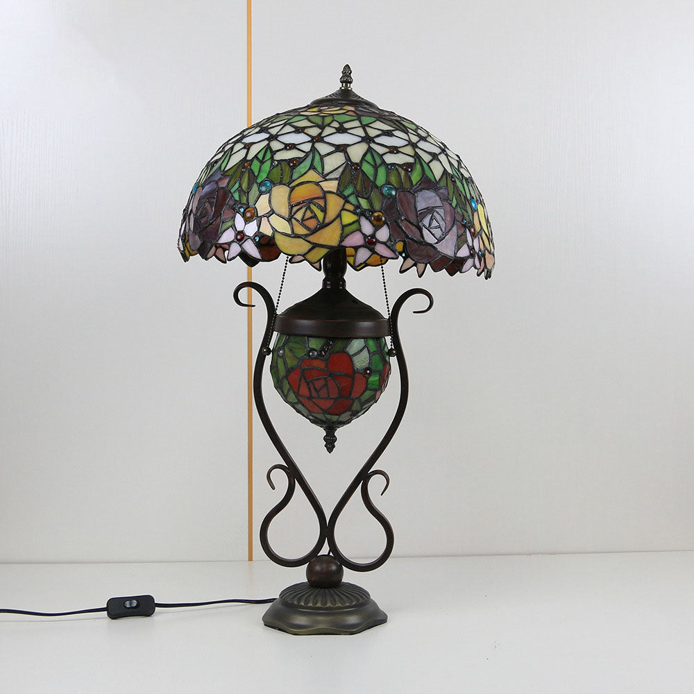 Tiffany European Vintage Floral Stained Glass Round Pot 3-Light Table Lamp