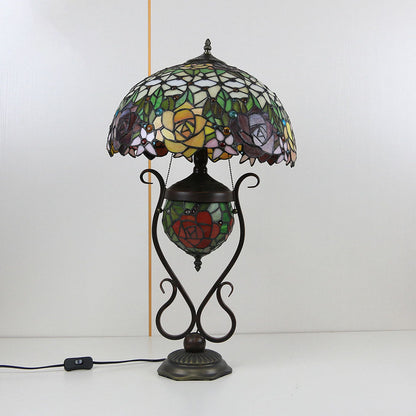 Tiffany European Vintage Floral Stained Glass Round Pot 3-Light Table Lamp