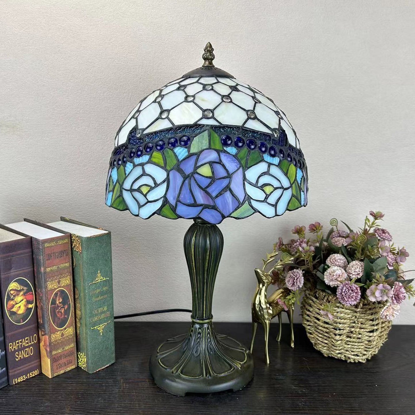 Traditional Tiffany Metal Glass Dome Grape Flower Dragonfly Butterfly 1-Light Table Lamp For Bedside