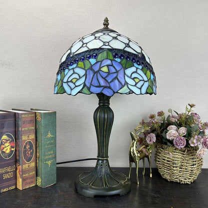 Traditional Tiffany Metal Glass Dome Grape Flower Dragonfly Butterfly 1-Light Table Lamp For Bedside