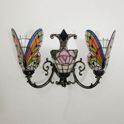 Traditional Tiffany European Butterfly Stained Glass 3-Light Wall Sconce Lamp For Hallway