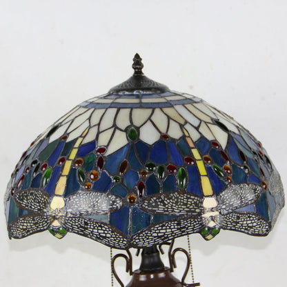 European Tiffany Stained Glass Hexagonal Dome Pull Cord 2-Light Table Lamp