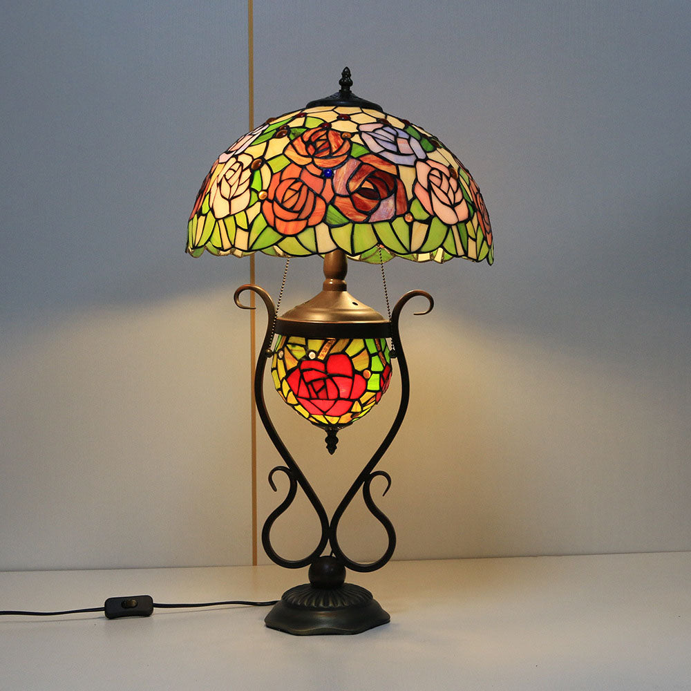 Tiffany European Vintage Floral Stained Glass Round Pot 3-Light Table Lamp